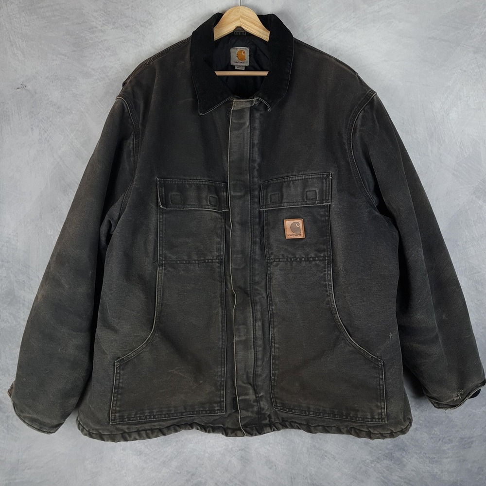 Carhartt Jacket Mens 2XL Black C26 Canvas Quilted Liner Workwear Corduroy Collar